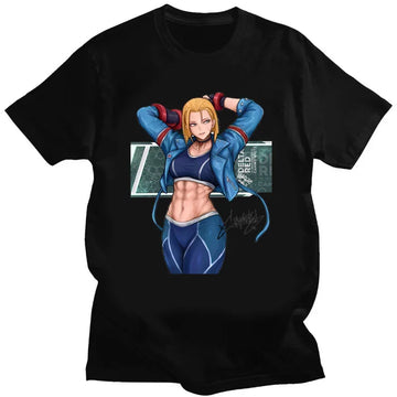 A black short-sleeve crewneck t-shirt featuring a large graphic print of the anime character Angel from Street Fighter on the front, set against a plain white background.