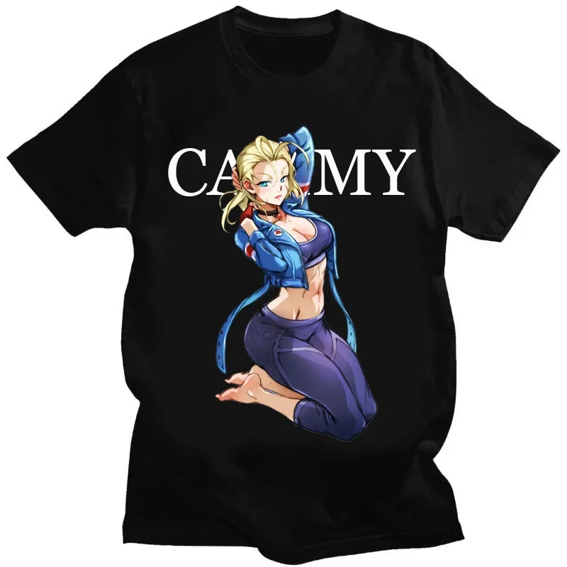 A black short-sleeve t-shirt featuring a graphic print of the anime character Cammy from Street Fighter. The graphic shows Cammy kneeling with the word 'CAMMY' printed in bold white letters above her.