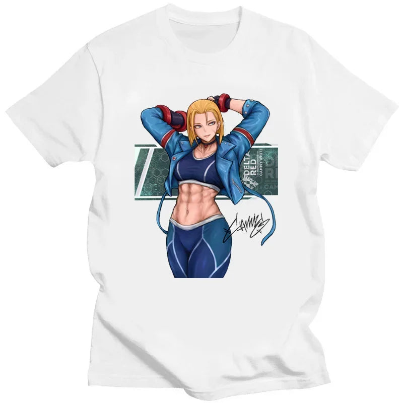 A white short-sleeve crewneck t-shirt featuring a graphic print of the anime character Chun-Li in a blue athletic outfit with her arms behind her head, set against a clean white background.