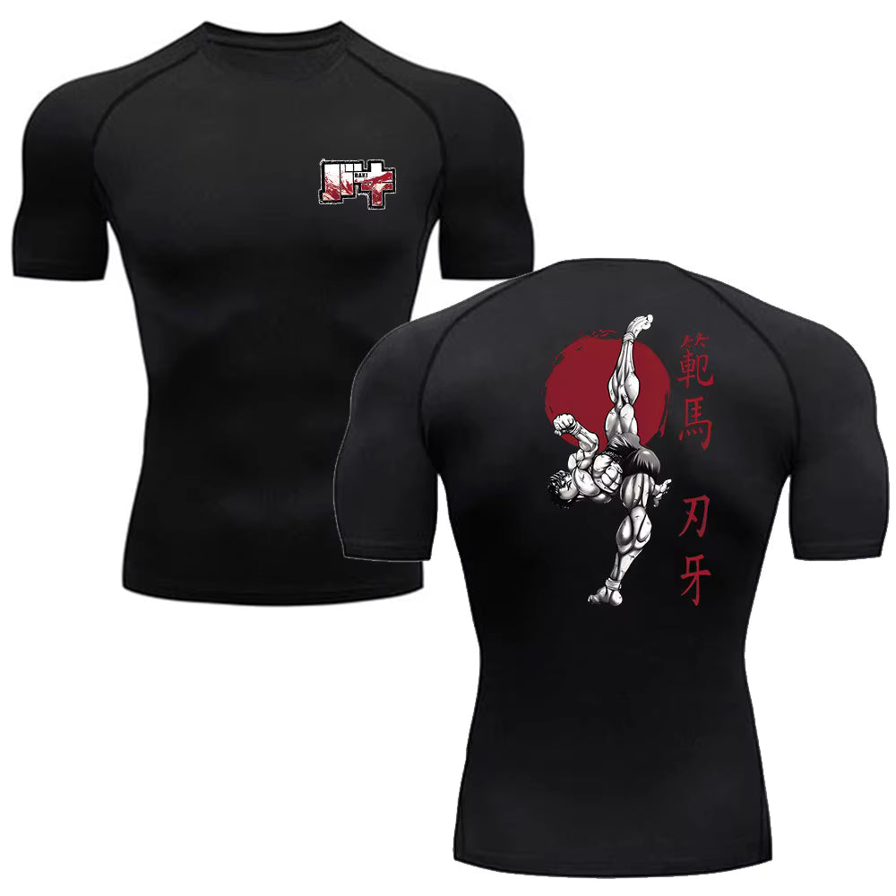 Black athletic shirt with front and back designs on a white background