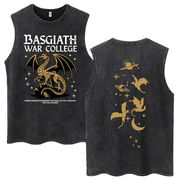 Front and back views of a washed black sleeveless muscle tank top. The front features 'BASGIATH WAR COLLEGE' in white text above a gold dragon graphic.