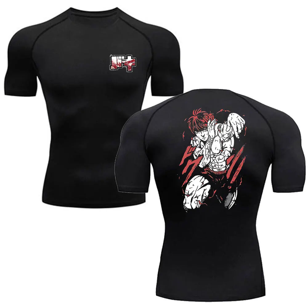 Black athletic shirt with front and back designs on a white background