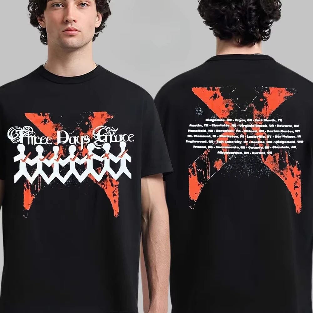 A man modeling a black short-sleeve T-shirt, shown from both front and back. The front has white text reading 'I hate everything about you.