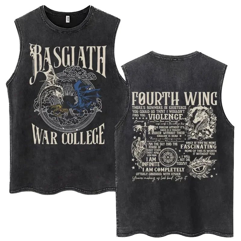 Front and back views of a distressed black sleeveless muscle t-shirt featuring a 'Basgiath War College' graphic on the front and a detailed 'Fourth Wing' themed graphic on the back.
