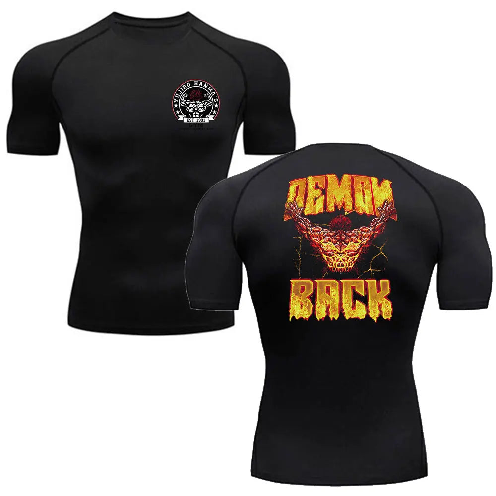 Black short-sleeve shirt with front and back designs on a white background