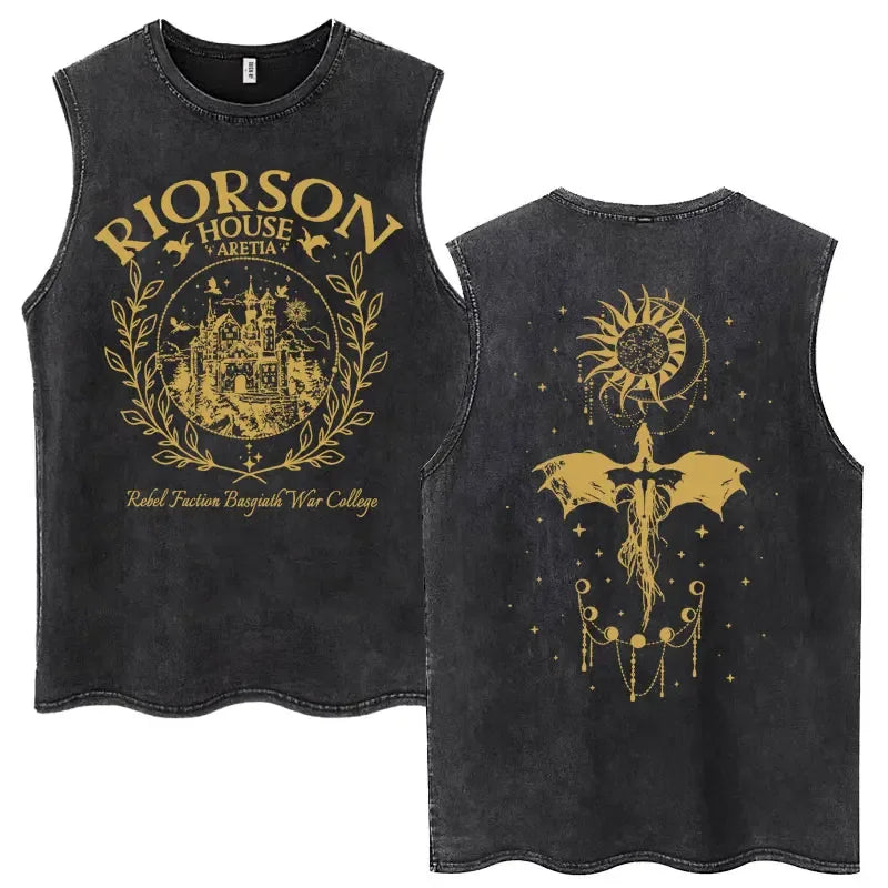 A sleeveless black washed graphic tank top shown from both front and back. The front features gold text reading 'RIORSON HOUSE AETIA' above a castle crest with laurel branches and smaller text below.