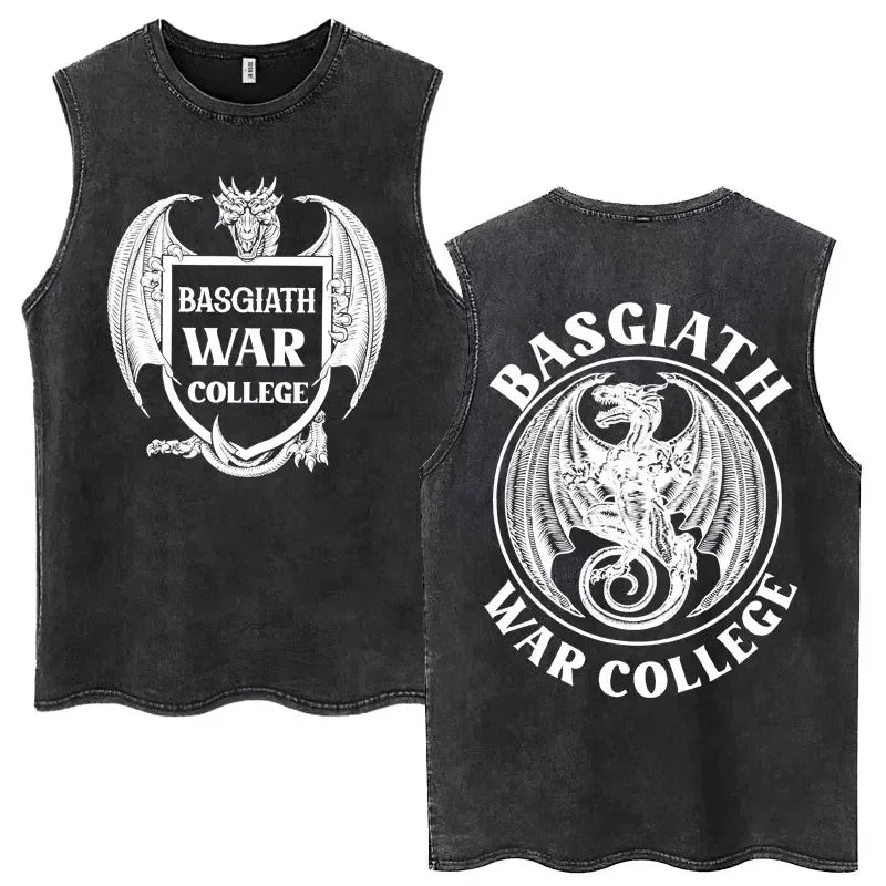 Front and back views of a black acid-wash sleeveless muscle tank top featuring a white Basgiath War College dragon graphic.