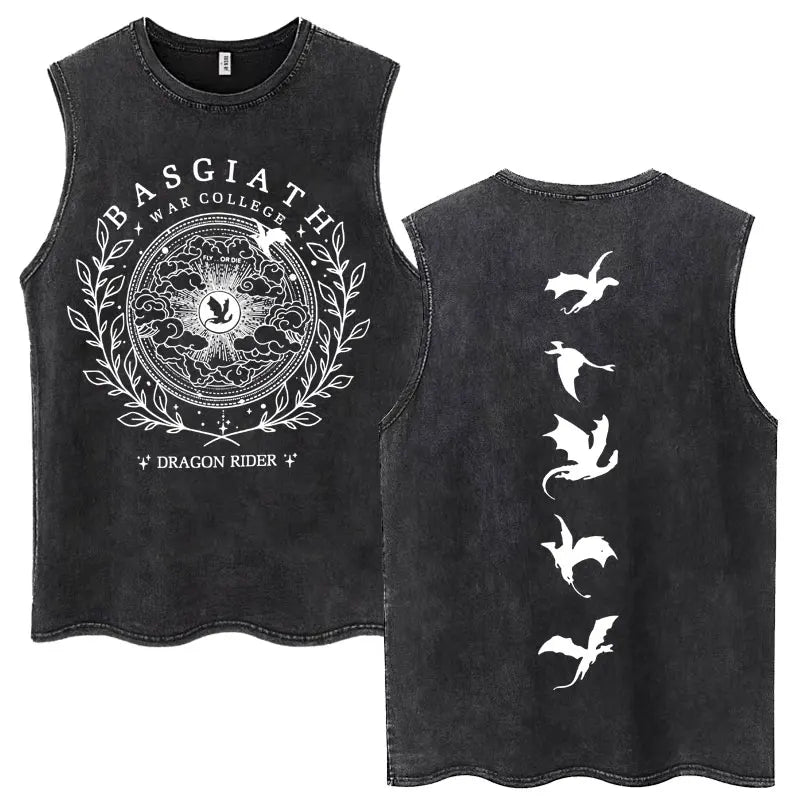 A black washed sleeveless muscle tank top shown from both front and back. The front features a large white circular graphic with the text 'BASGIATH WAR COLLEGE' and 'DRAGON RIDER' with dragon motifs.