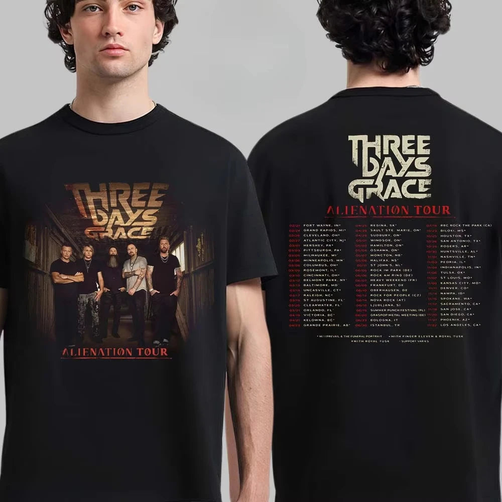 A man modeling a black short-sleeve T-shirt, shown from both front and back. The front has white text reading 'I hate everything about you.