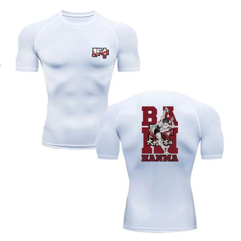 White athletic shirt with red and black graphics on a white background