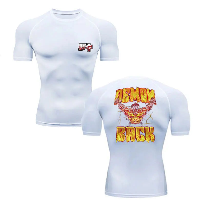 White t-shirt with front and back designs on a white background