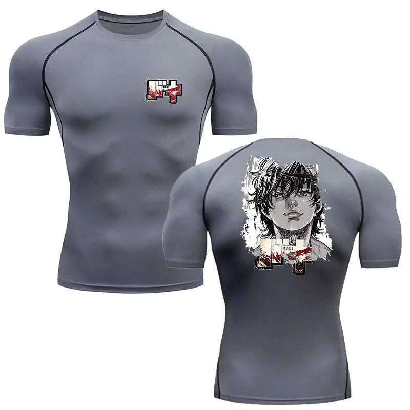 Gray short-sleeve shirt with front and back designs on a white background