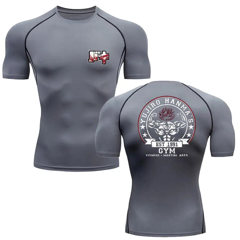Gray athletic shirt with front and back designs on a white background
