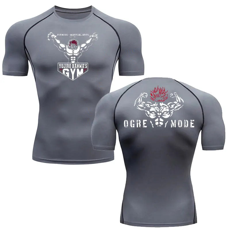 Gray short-sleeve shirt with white graphic designs on a white background